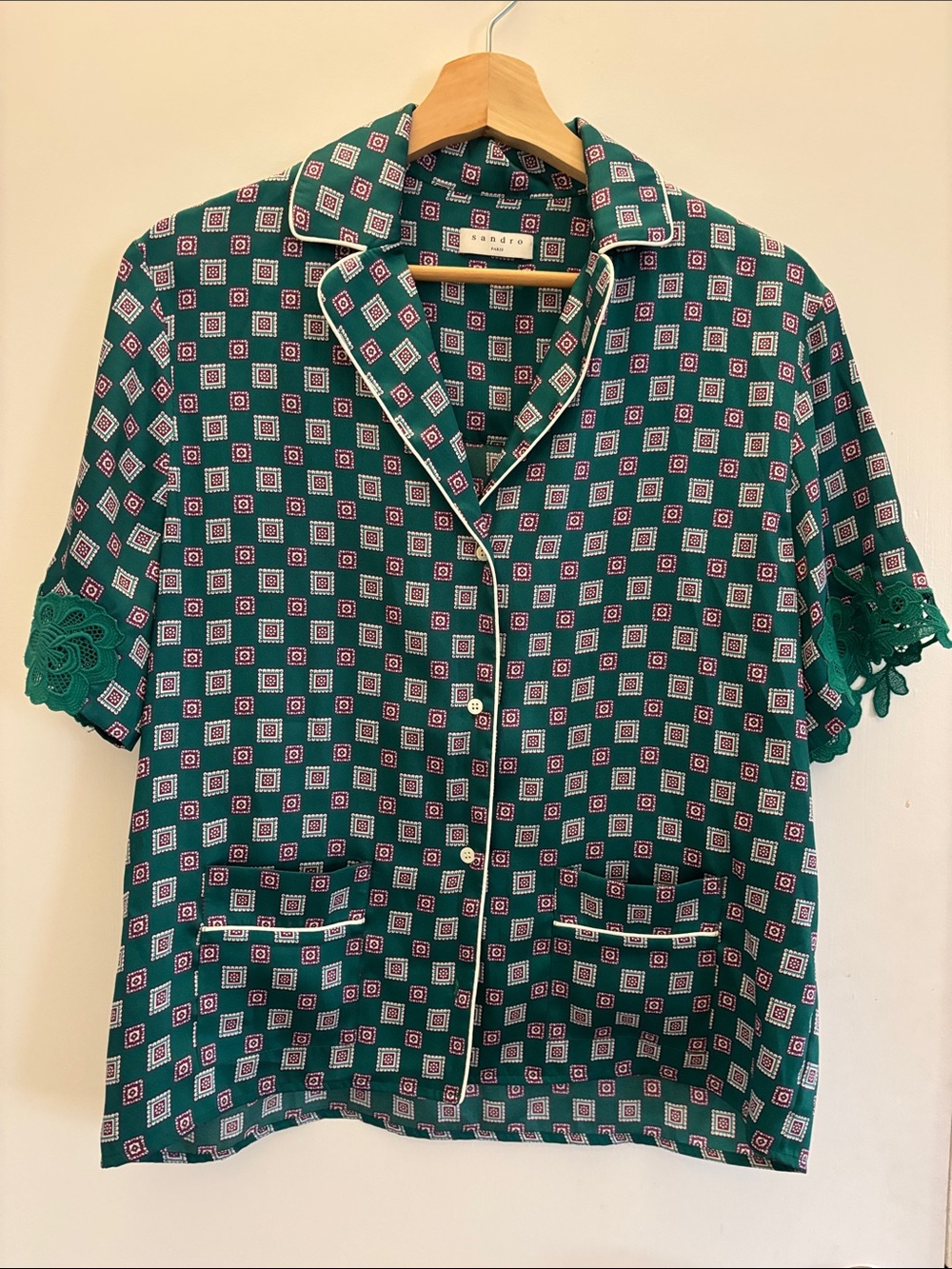 Sandro Emerald Green Geometric Short Sleeve Button Shirt